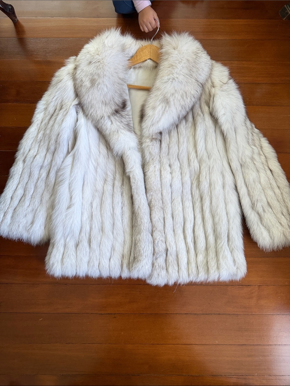 Women's Cream Faux Fur Short Pea Coat with Plush Collar